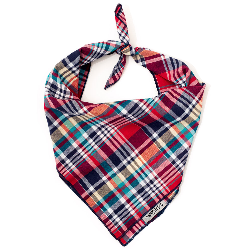 Madras Plaid Red Navy Multi Classic Bandana Canine Styles madras-plaid-red-navy-multi-classic-bandana-canine-styles