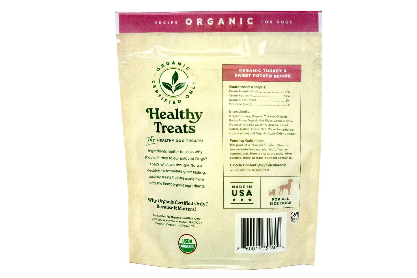 Healthy Dog Treats - Certified USDA Organic Turkey & Sweet Potato