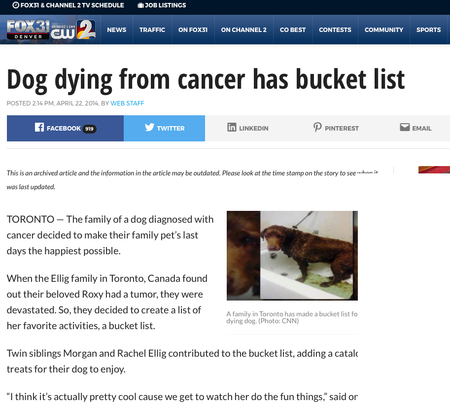 04/14 Fox 31 Denver News helps Dying with Cancer Dog Complete Bucket List.