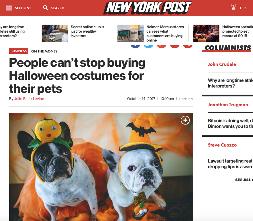 New York Post Announces " People can’t stop buying Halloween costumes for their pets"