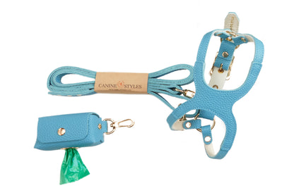 Blue dog harness, leash, and bag set with 'Canine Styles' branding on a white background