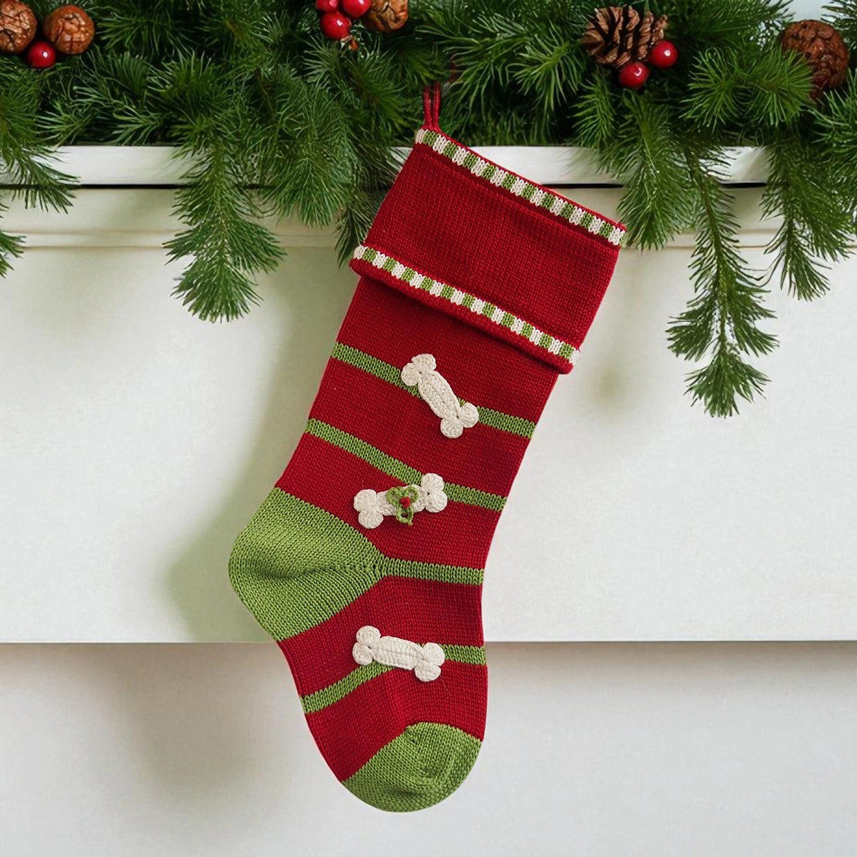 Christmas - Dog Bone Stocking - Dog Toy - 2 Color Options
