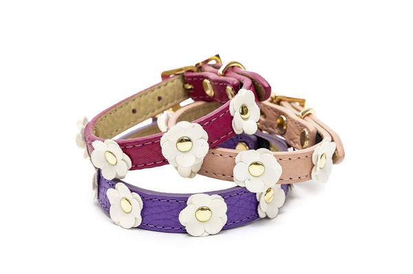 Dog Collar - Flower Leather Dog Collar - Soft Leather - Hot Pink, Light Pink or Purple