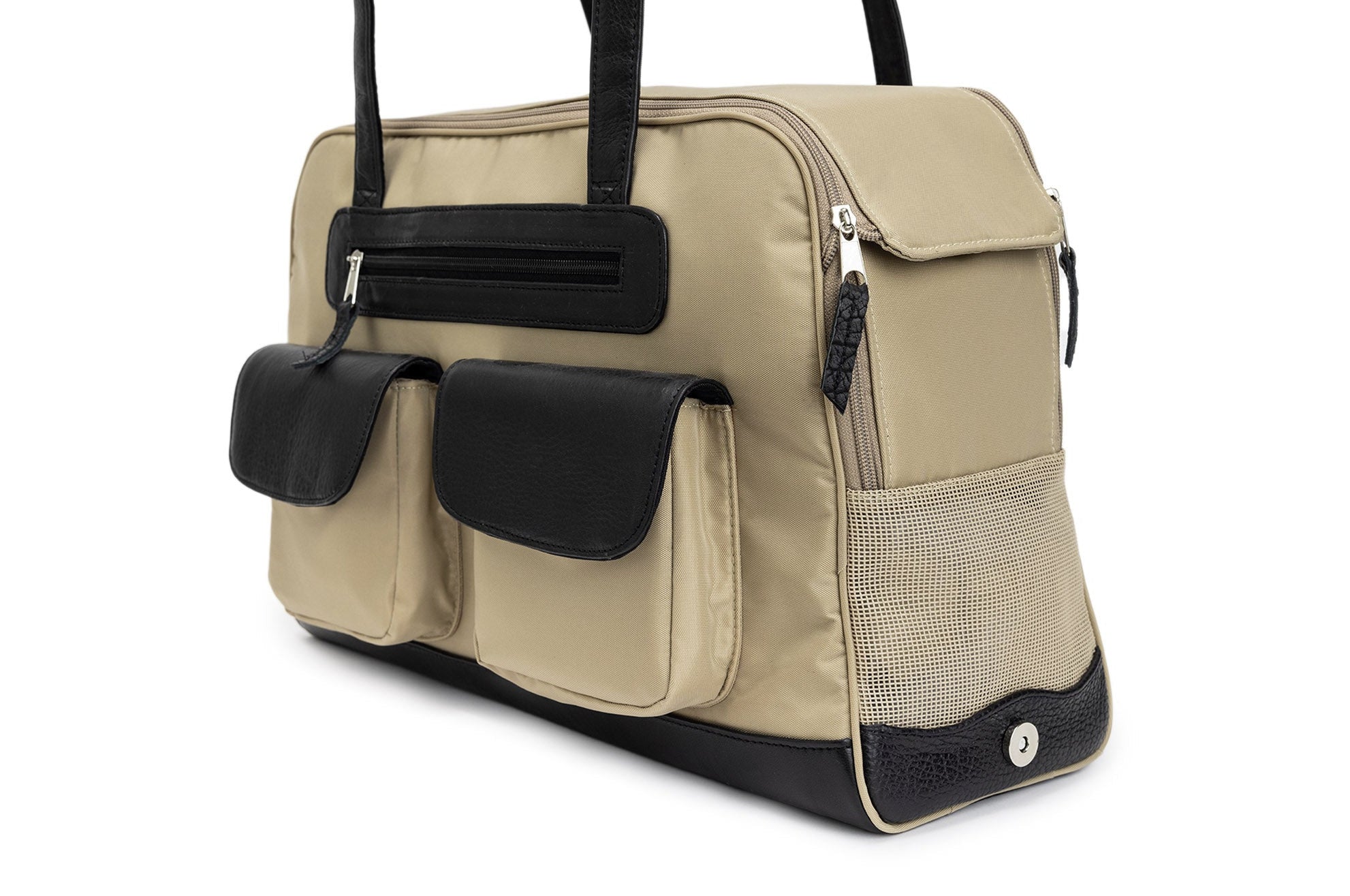 Dog Carrier - Cargo Carrier with Leather Trim - Beige/Black Leather - Beige Nylon