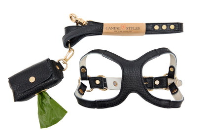 Black dog harness, poop bag holder and leash set with 'Canine Styles' branding on a white background