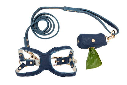 Blue leather dog harness and leash set with a poop bag holder on a white background