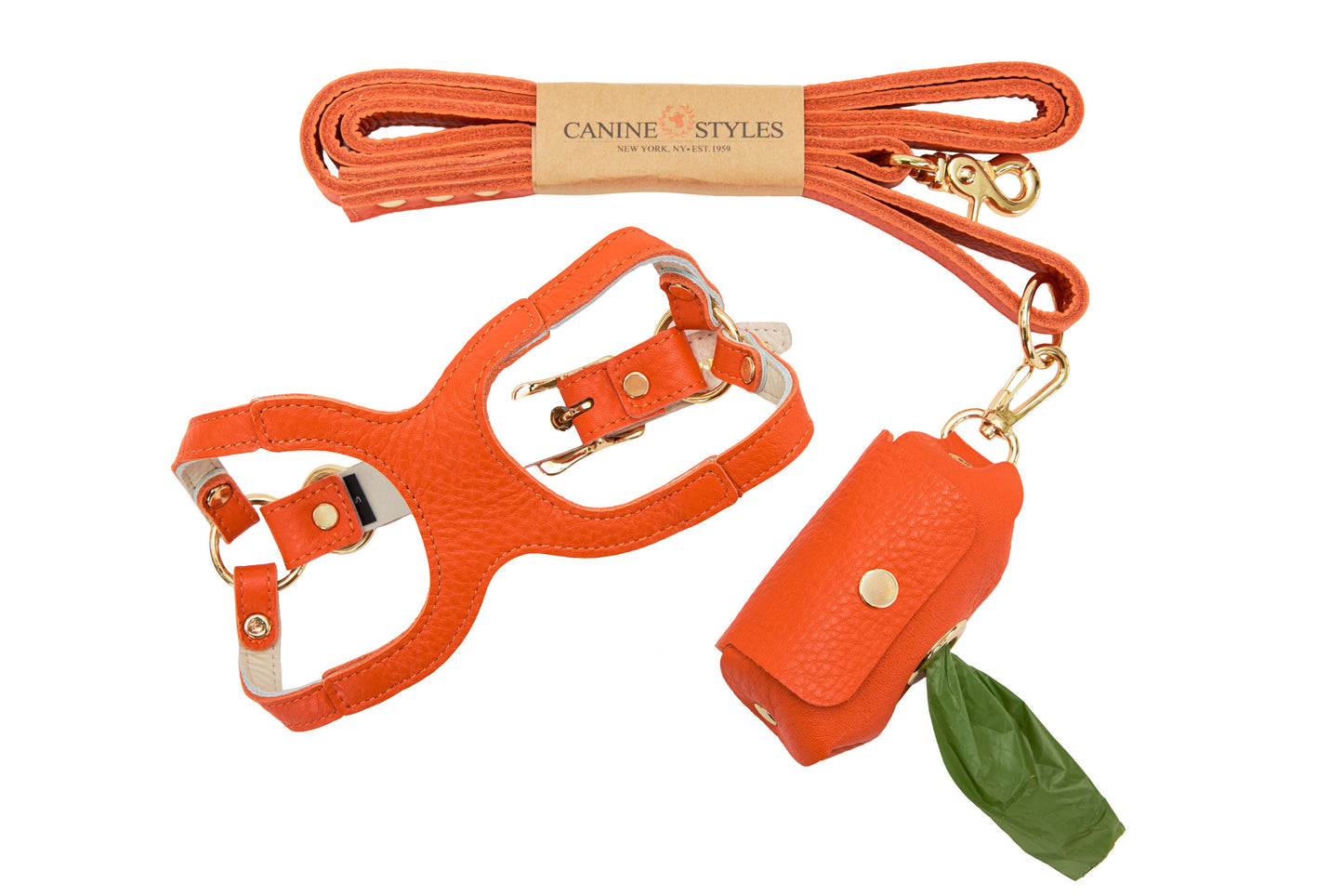 Orange dog harness, leash, and waste bag holder on a white background