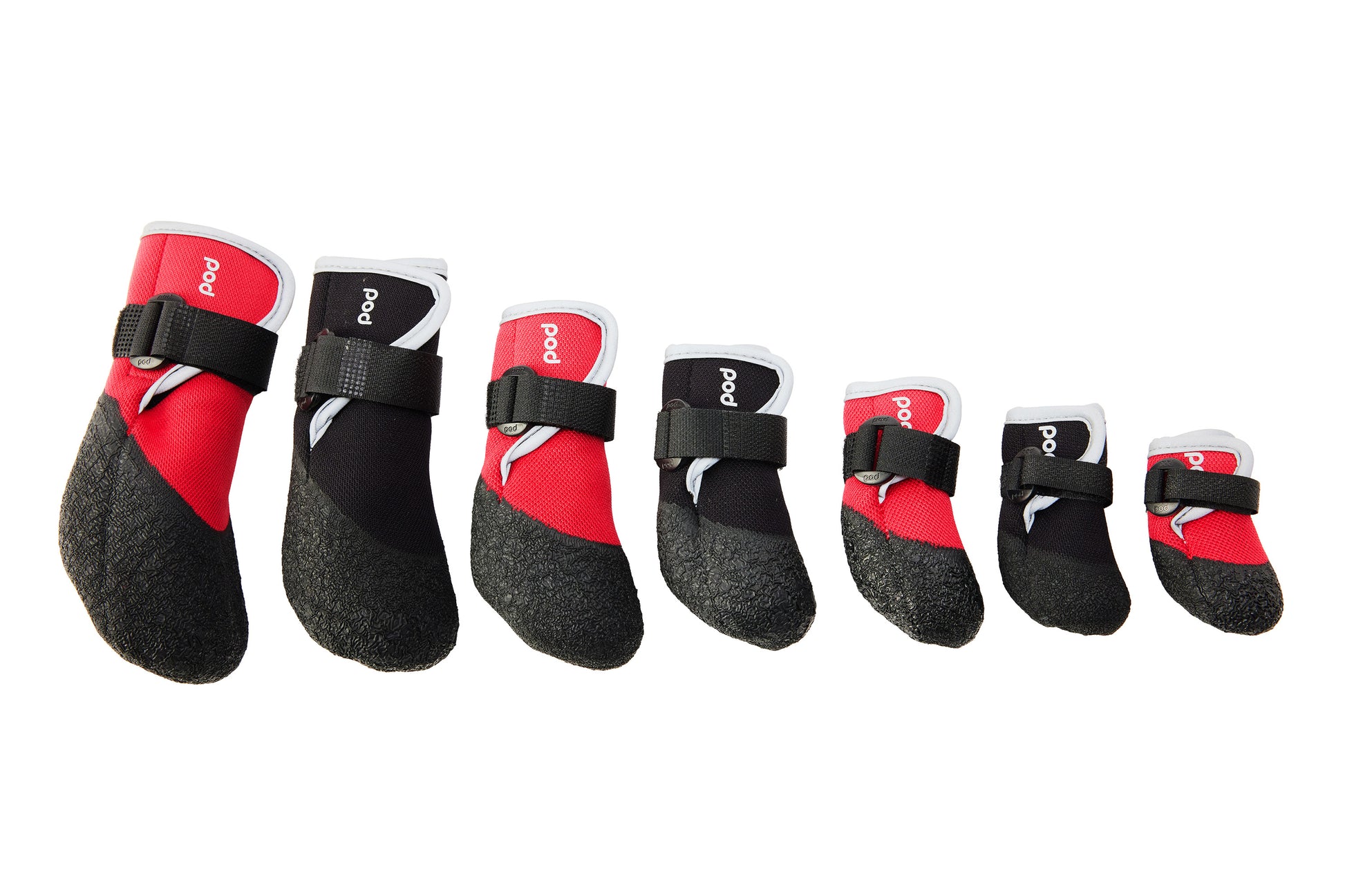 Set of red and black pet boots with straps on a white background