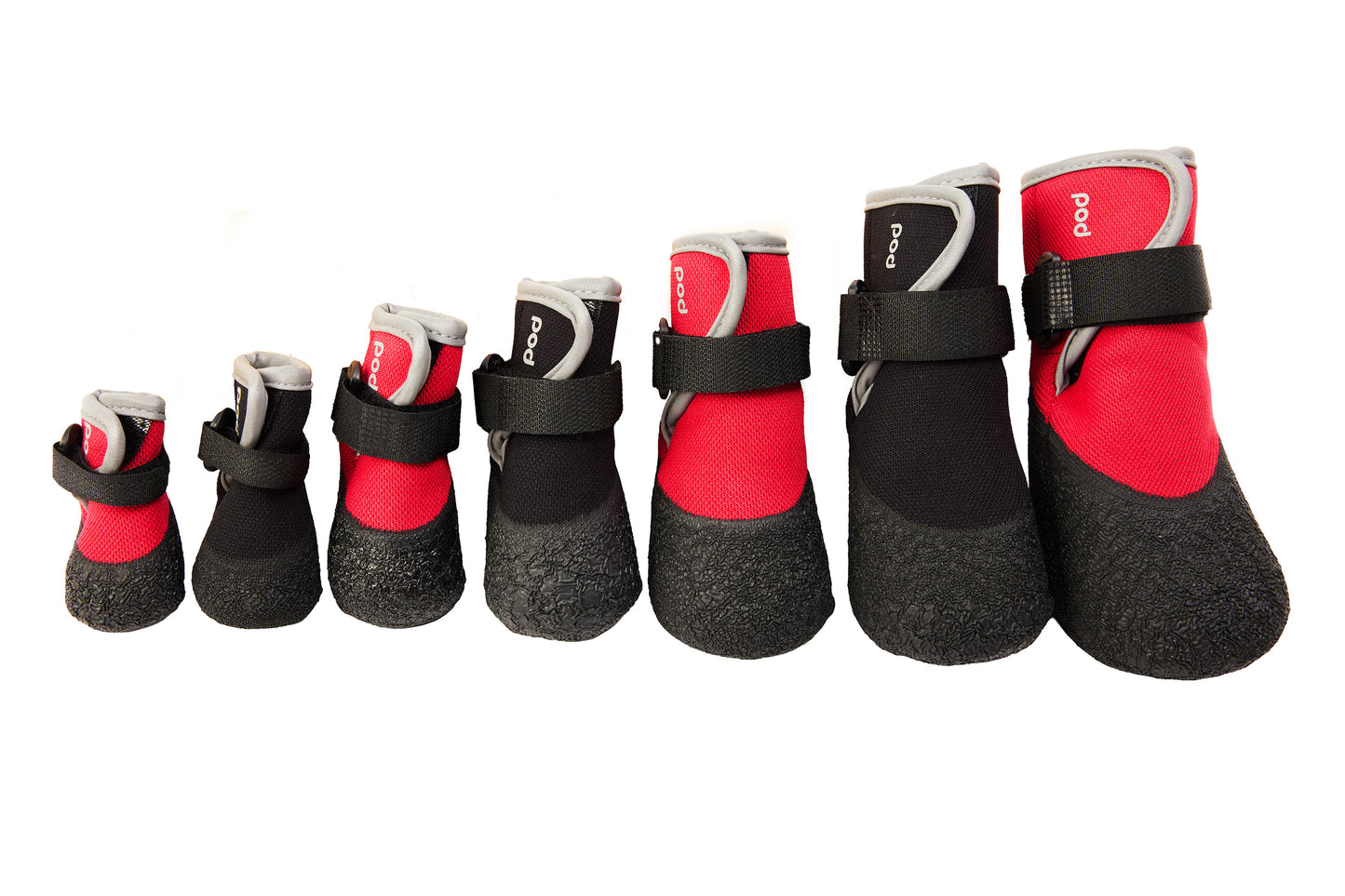 Set of red and black pet boots with straps on a white background