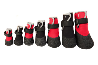 Set of red and black pet boots with straps on a white background