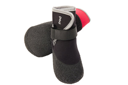 Pair of black dog boots with gray straps on a white background