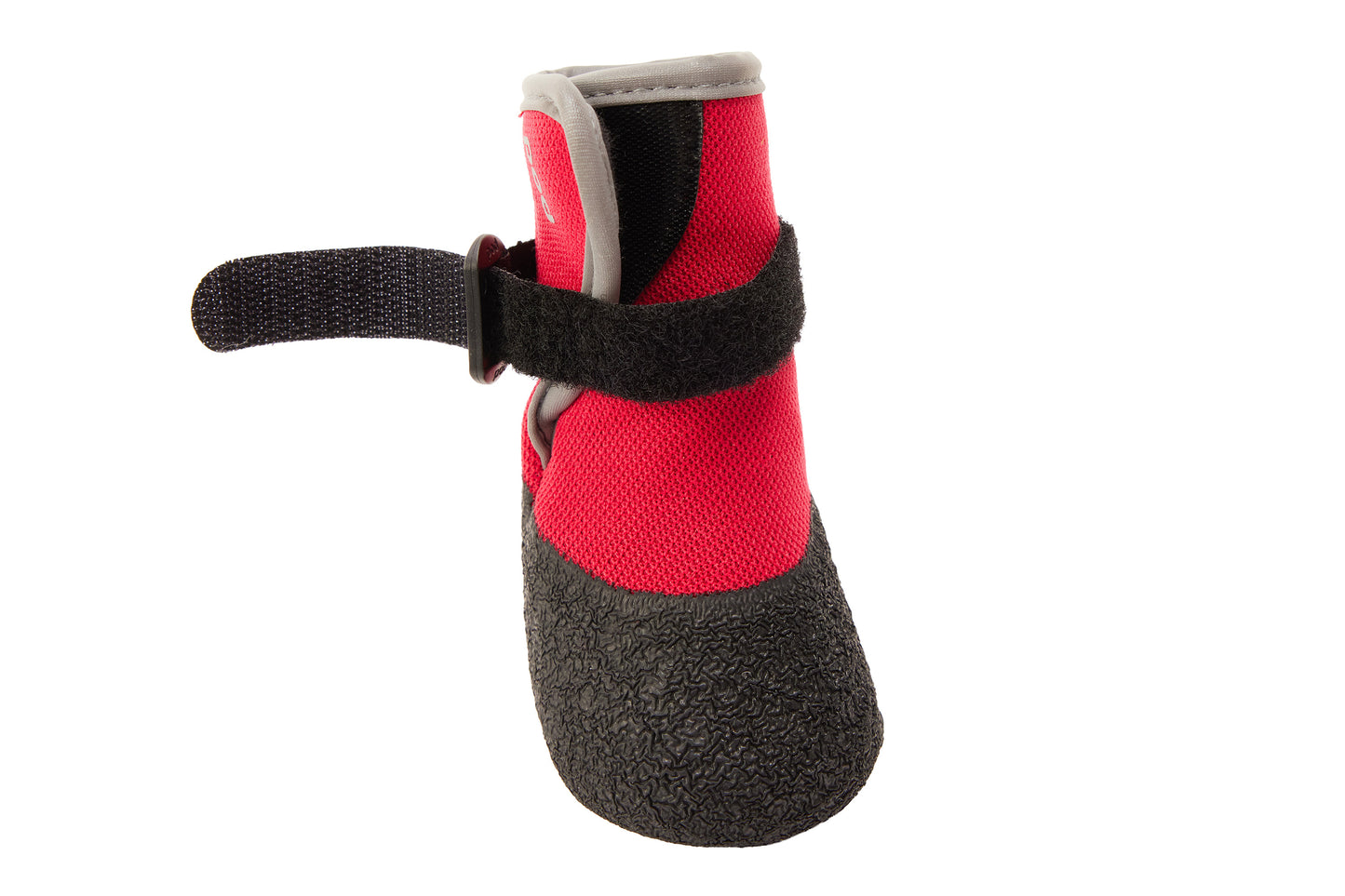 Red and black dog boot with a strap on a white background