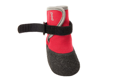 Red and black pet boot with a strap on a white background