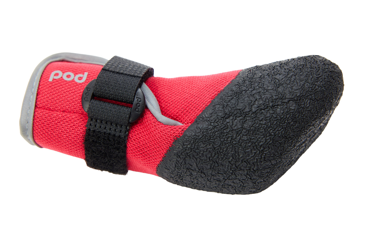 Red and black pet boot with a strap on a white background