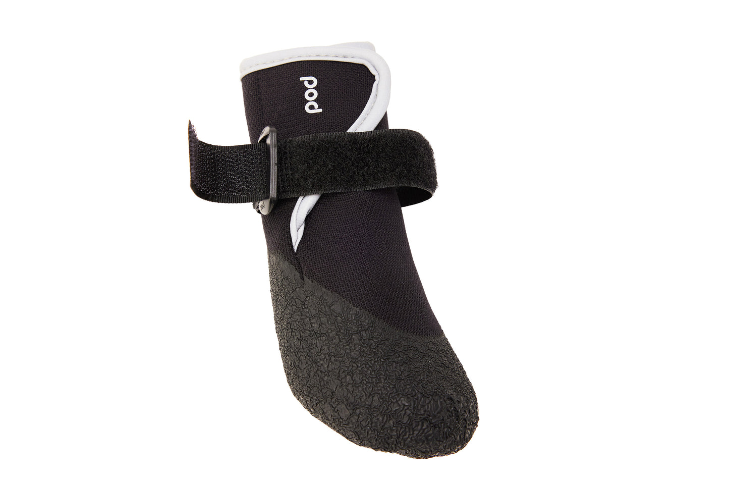 Black dog boot with a strap on a white background