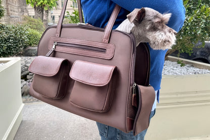 Brown pet carrier with a small dog peeking out, held by a person in a blue shirt outdoors.