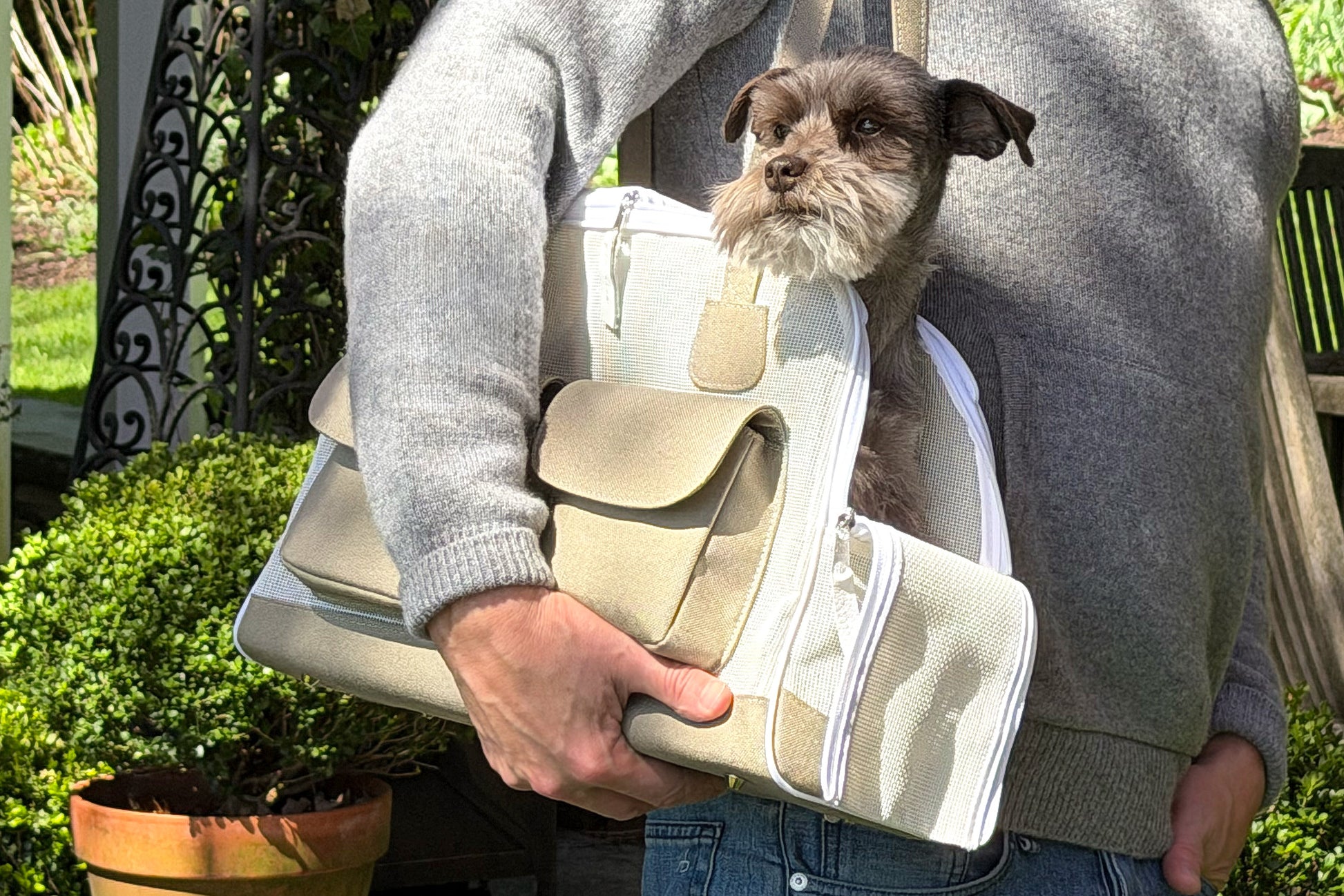 Person holding a beige dog carrier with a small dog inside, outdoors.  