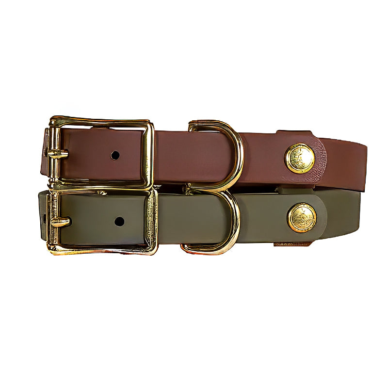 Two leather belts with gold buckles and decorative buttons on a white background