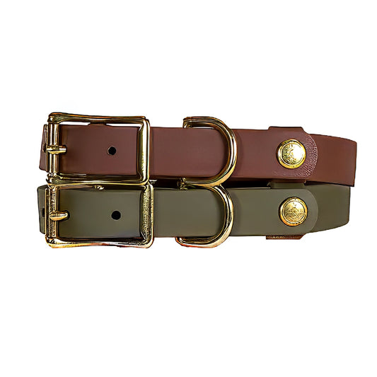 Two leather belts with gold buckles and decorative buttons on a white background