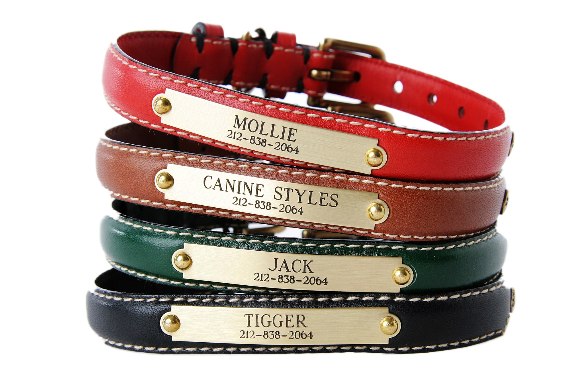 Dog Collars & Dog Leads - Canine Styles Classic Flat Leather - Brass Name Plaque - 5 Color Options
