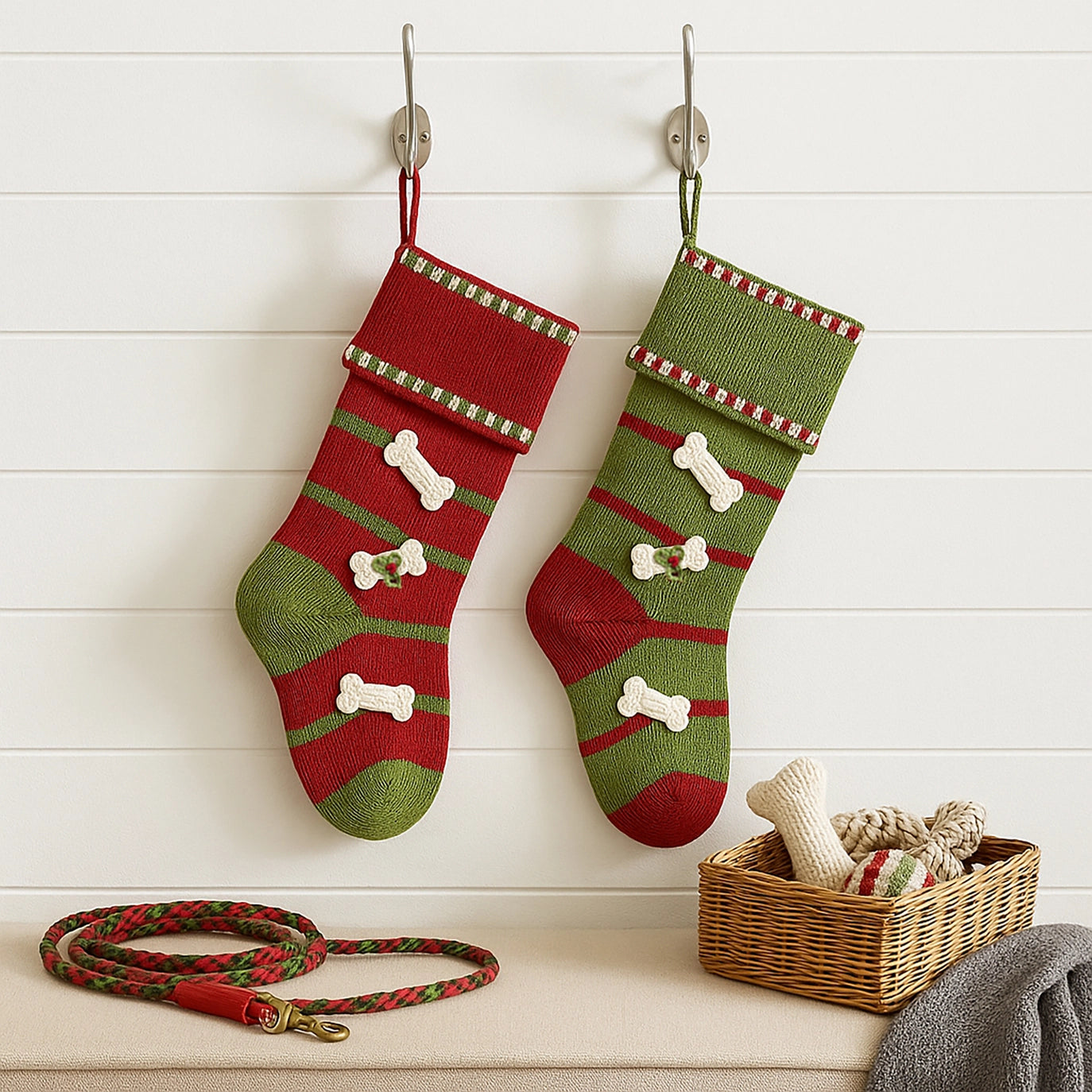 Christmas - Dog Bone Stocking - Dog Toy - 2 Color Options