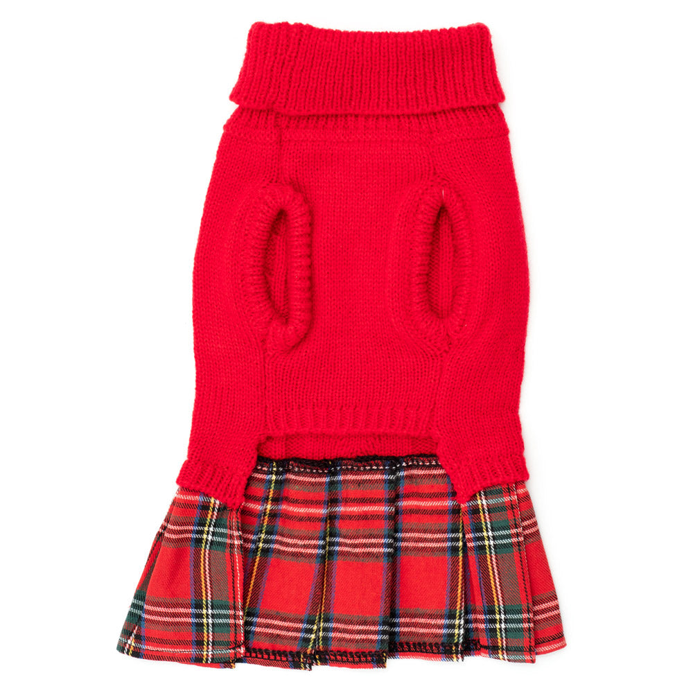 Turtleneck Dog Dress - Red with Tartan Plaid Skirt | Dog Sweater