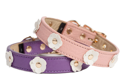 Canine Styles Soft Leather Flower Dog Collar - Hot Pink, Light Pink or Purple